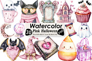 Watercolor Pink Halloween Clipart, an Illustration by Black Bird Studio (Thumbnail 1 of 6)