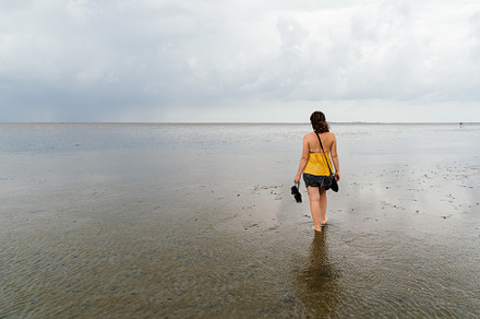 Young woman walking alone in a calm and tranquil beach at low tide, a Person Photo by Architect´s eye