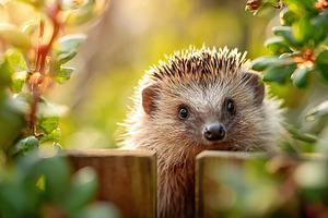 Curious hedgehog peeking through a wooden fence in a lush garden during sunset, a Photo by AlyaAnd