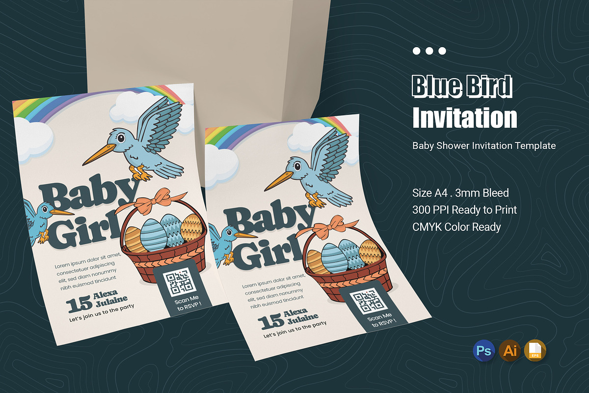 Blue Bird Rainbow Baby Shower Invita, an Invitation Template by Esensifiksi.studio (Photo 1 of 2)