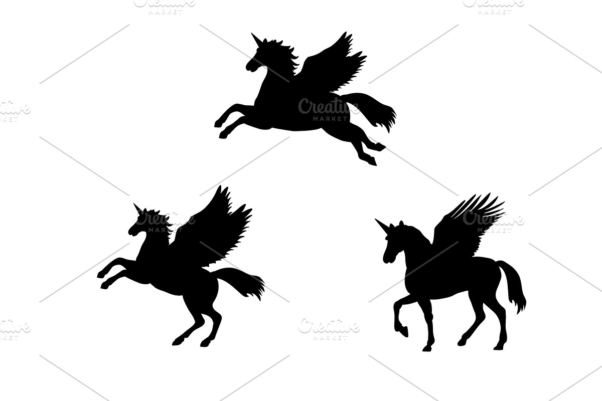 Pegasus Unicorn silhouette mythology, an Animal Illustration by kozyrevaelena