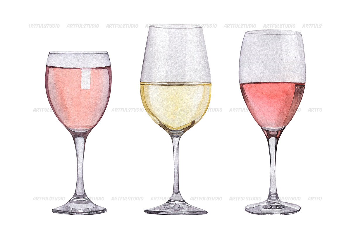 Watercolor white & rose wine clipart, a Food Illustration by ArtfulStudio (Photo 3 of 9)