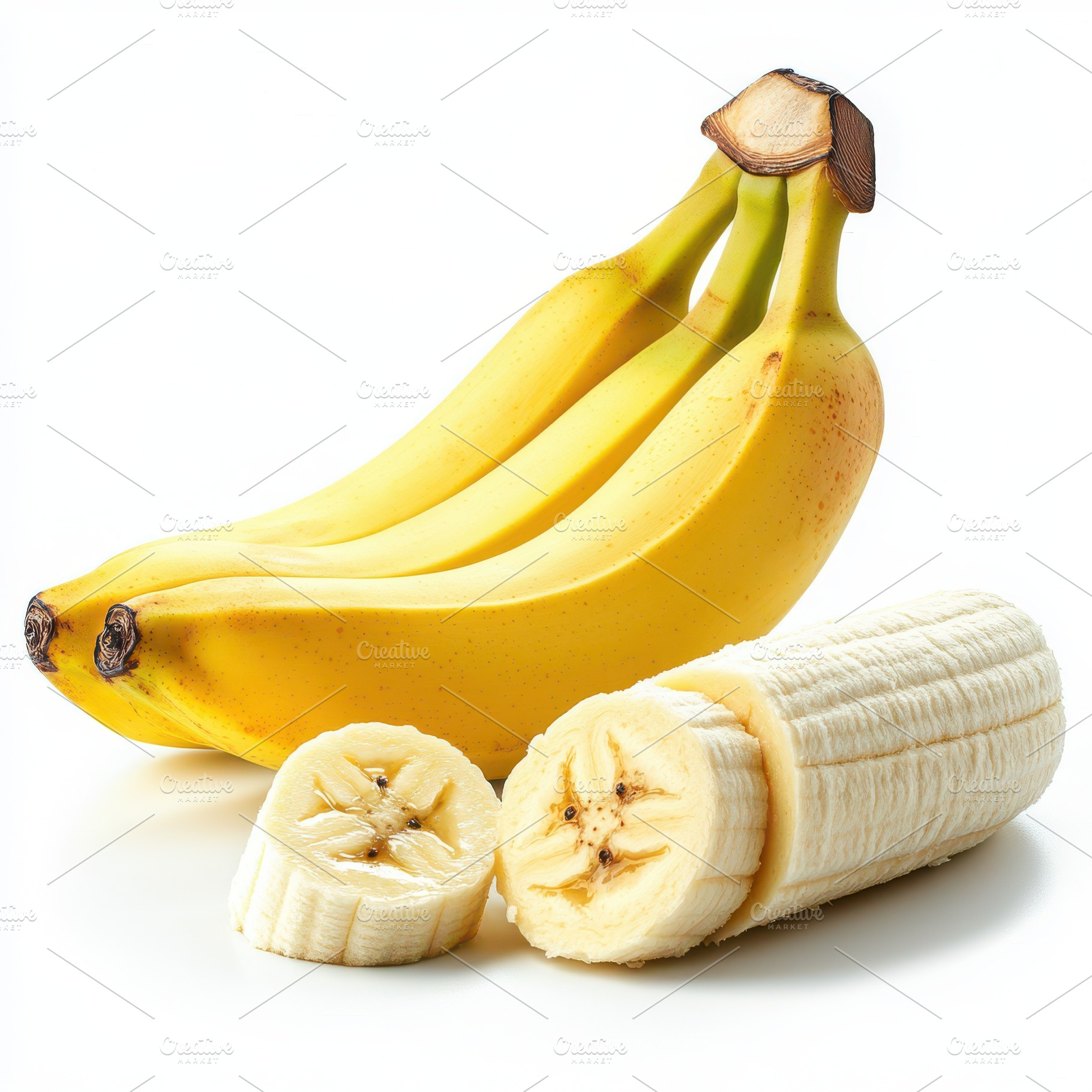 Two ripe bananas, and cut a piece of, a Food & Drink Photo by Pixeness Studio