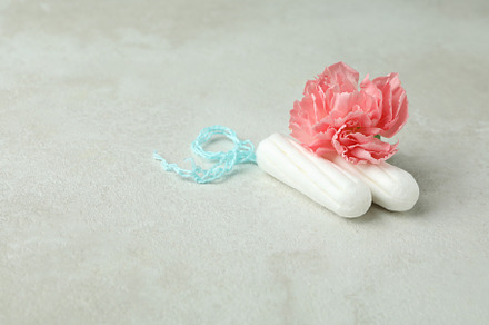 Tampons and flower on white textured background, a Health & Medical Photo by AtlasStudio PRO