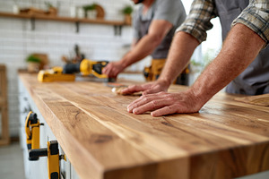 Craftsman working on wooden planks in workshop, an Industrial Photo by AlyaAnd
