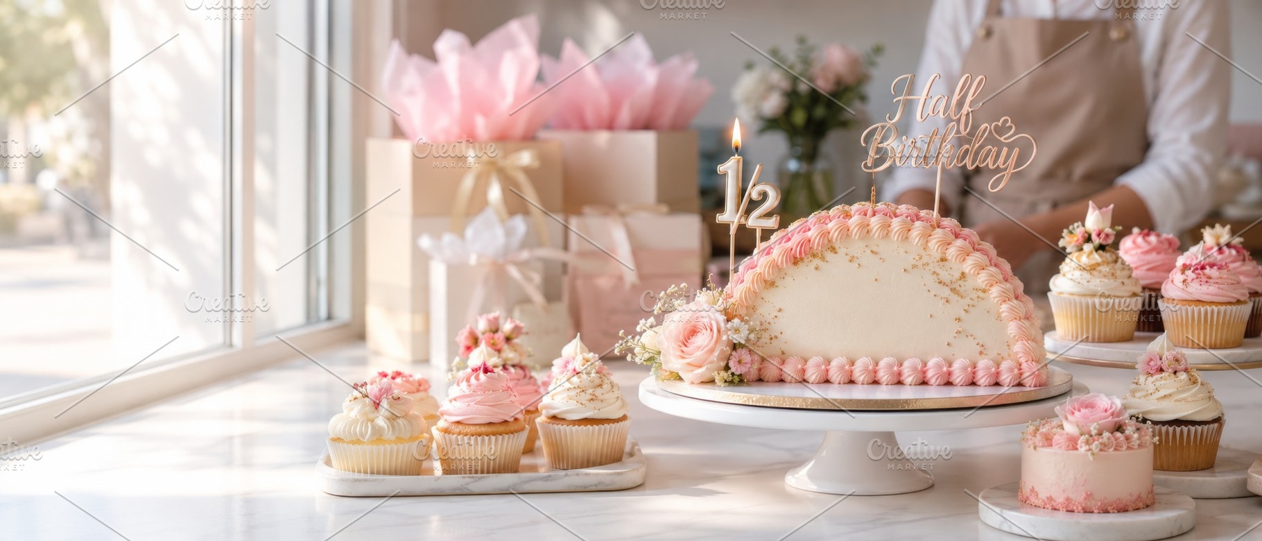Half birthday celebration cake and c, a Photo by Dvoevnore photos