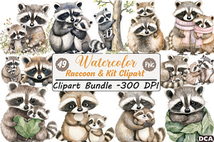 Watercolor Raccoon & Kit Clipart, an Illustration by DreamCafeArt