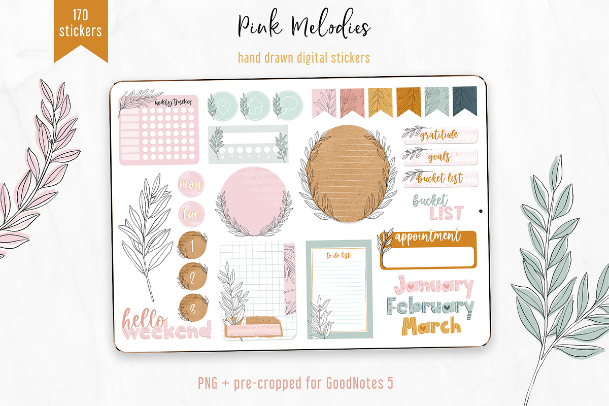 Pink Botanical Digital Stickers Kit, an Illustration by Oh Mia Studio (Photo 1 of 2)