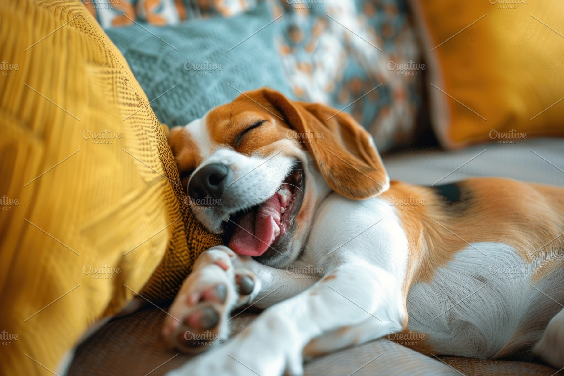 Cozy Beagle Enjoying a Relaxing Yawn on a Comfy Sofa - Generativ, an Animal Photo by José Manuel Gelpi