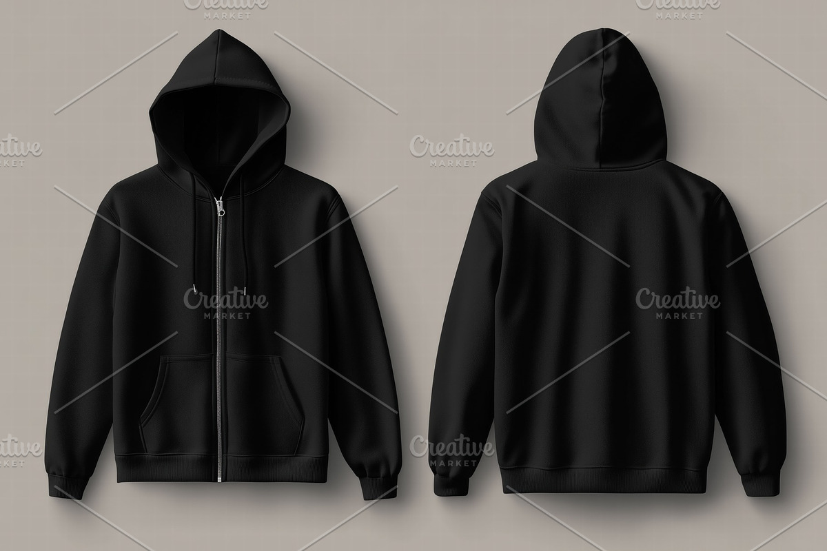 A black zip-up zipped hoodie mockup from the front and back on a ...