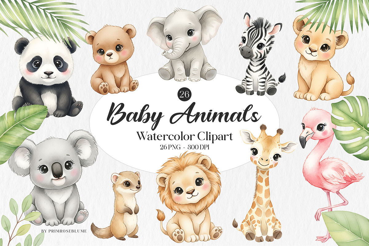 Baby Animals Watercolor Clipart, an Animal Illustration by Primrose Blume (Photo 1 of 5)