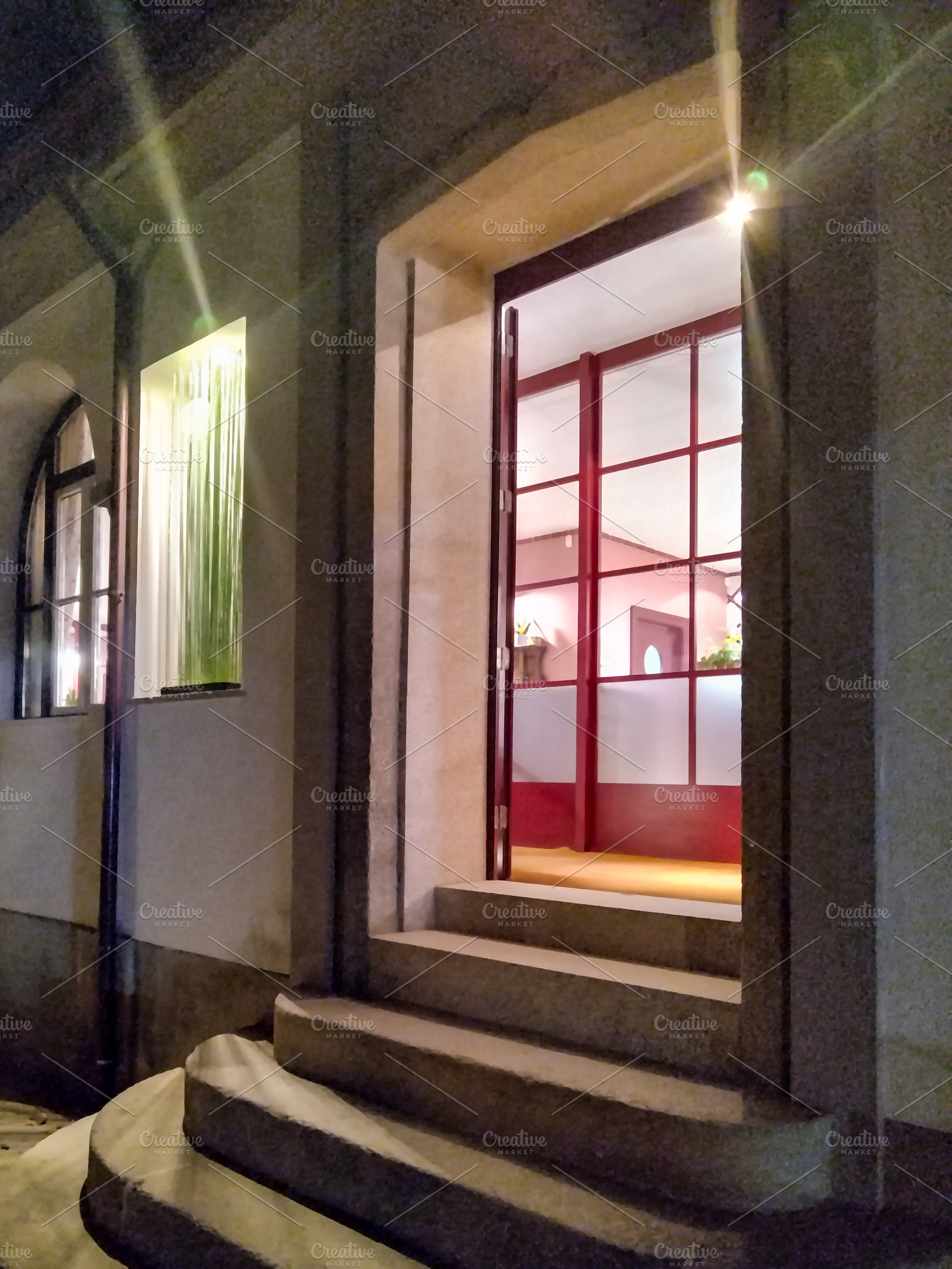 Perspective view of elegant building with lights on, pedras salg, an Architecture Photo by DanFLCreativo