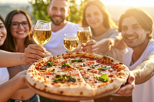 Friends Toasting Wine with Fresh Pizza, a Photo by Davizro's Market