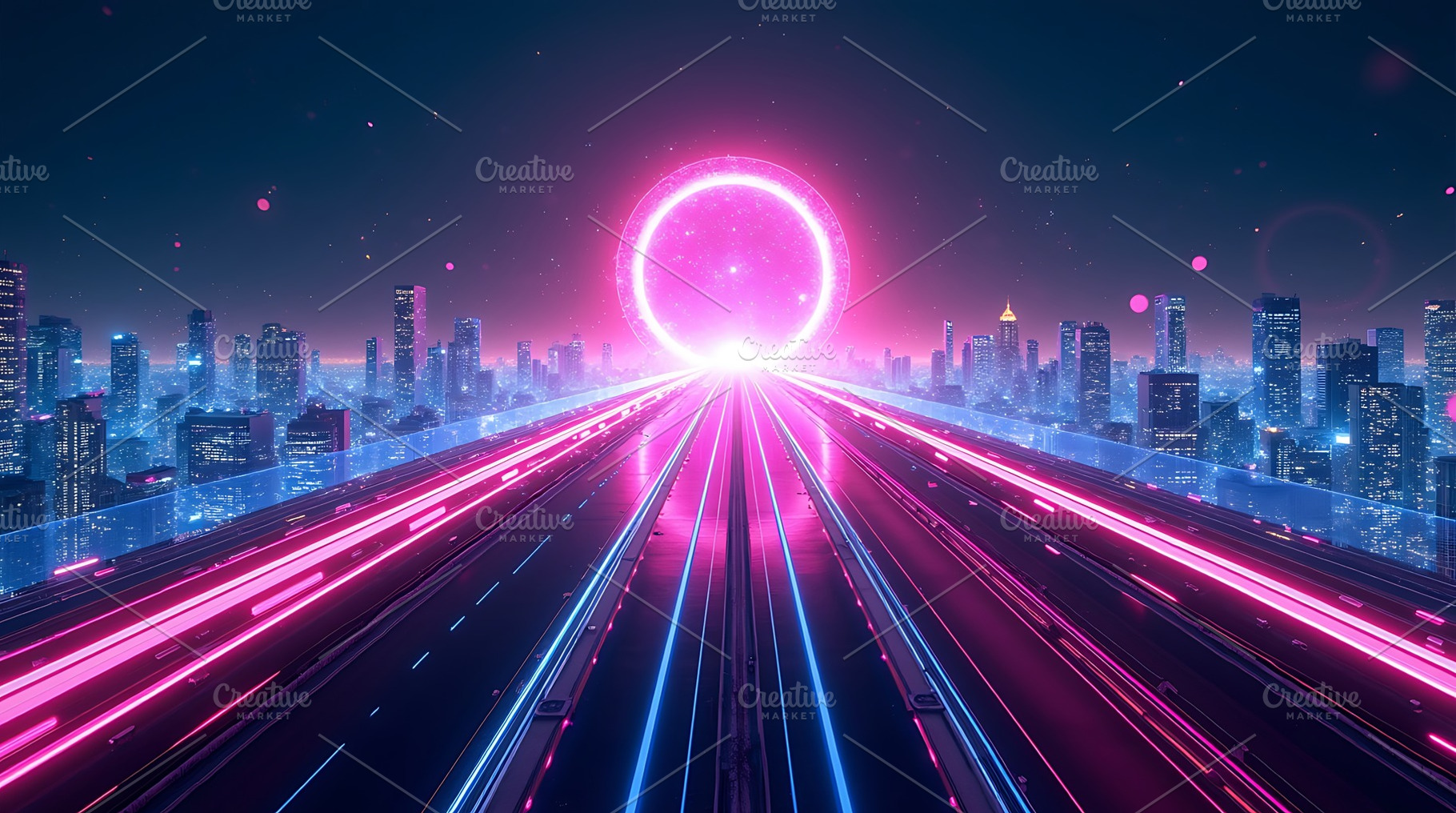 Neon city highway at night with, an Abstract Photo by Artonix
