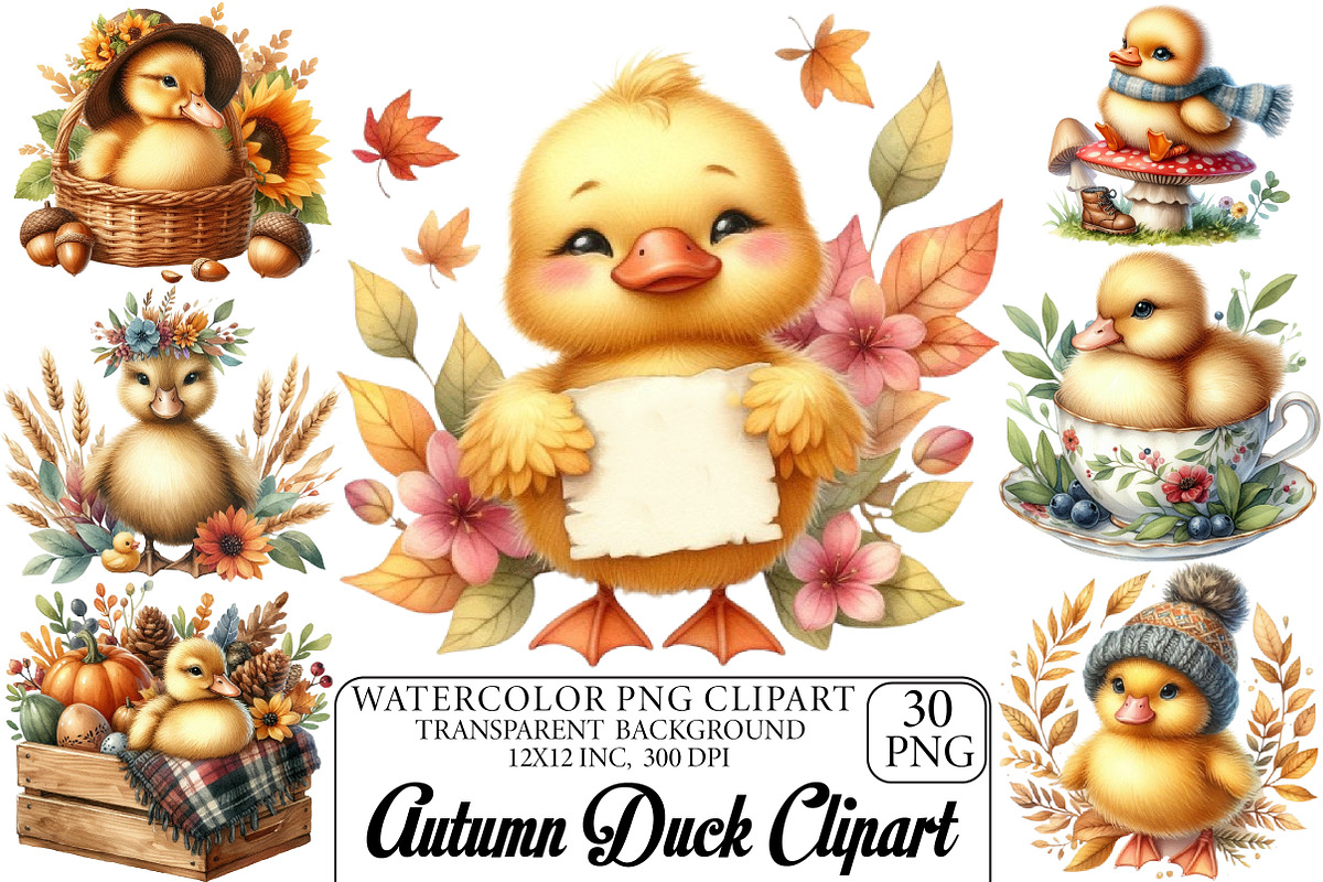 Watercolor Autumn Duck Clipart, an Illustration by DreamPrint404 (Photo 1 of 6)