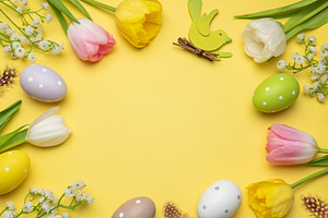 Easter eggs and tulips framing yellow background with wooden bir, a Holiday Photo by Olena Rudo