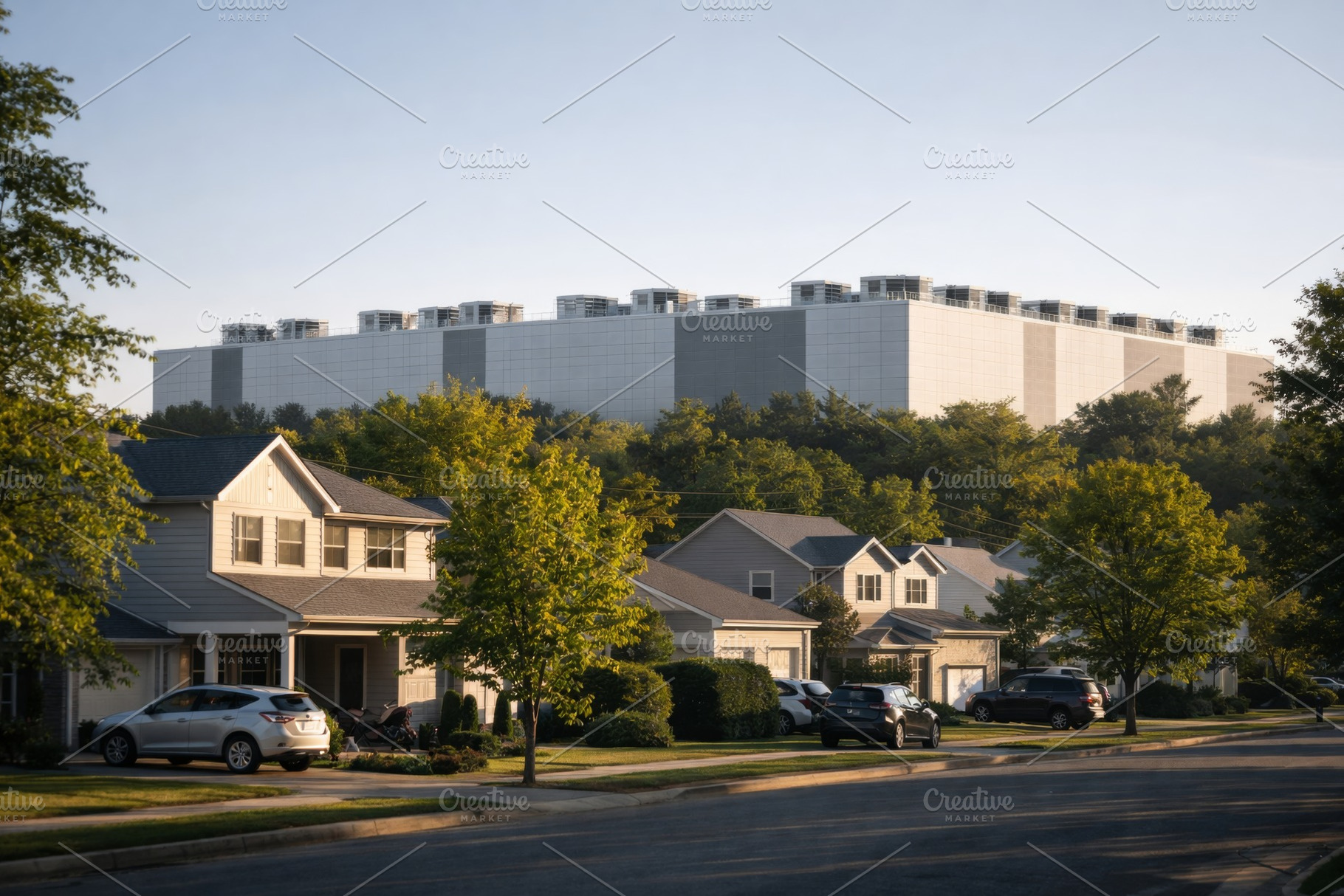 Data center building behind suburban neighborhood; calm environm, a Photo by Dvoevnore photos