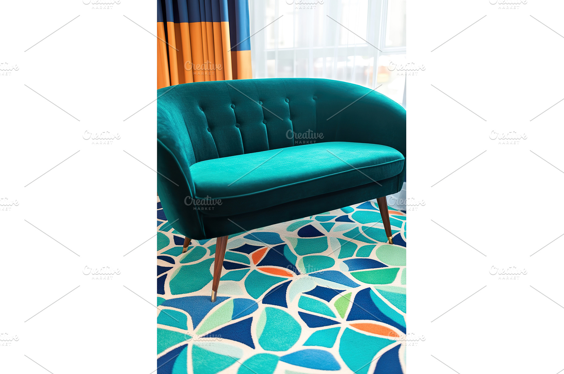 Modern teal sofa on geometric, an Abstract Photo by Lermont51