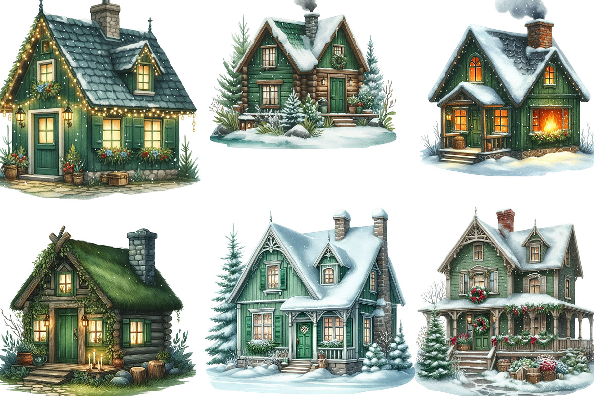 Cozy Green Winter Cottage Clipart, an Illustration by Designking (Photo 3 of 5)