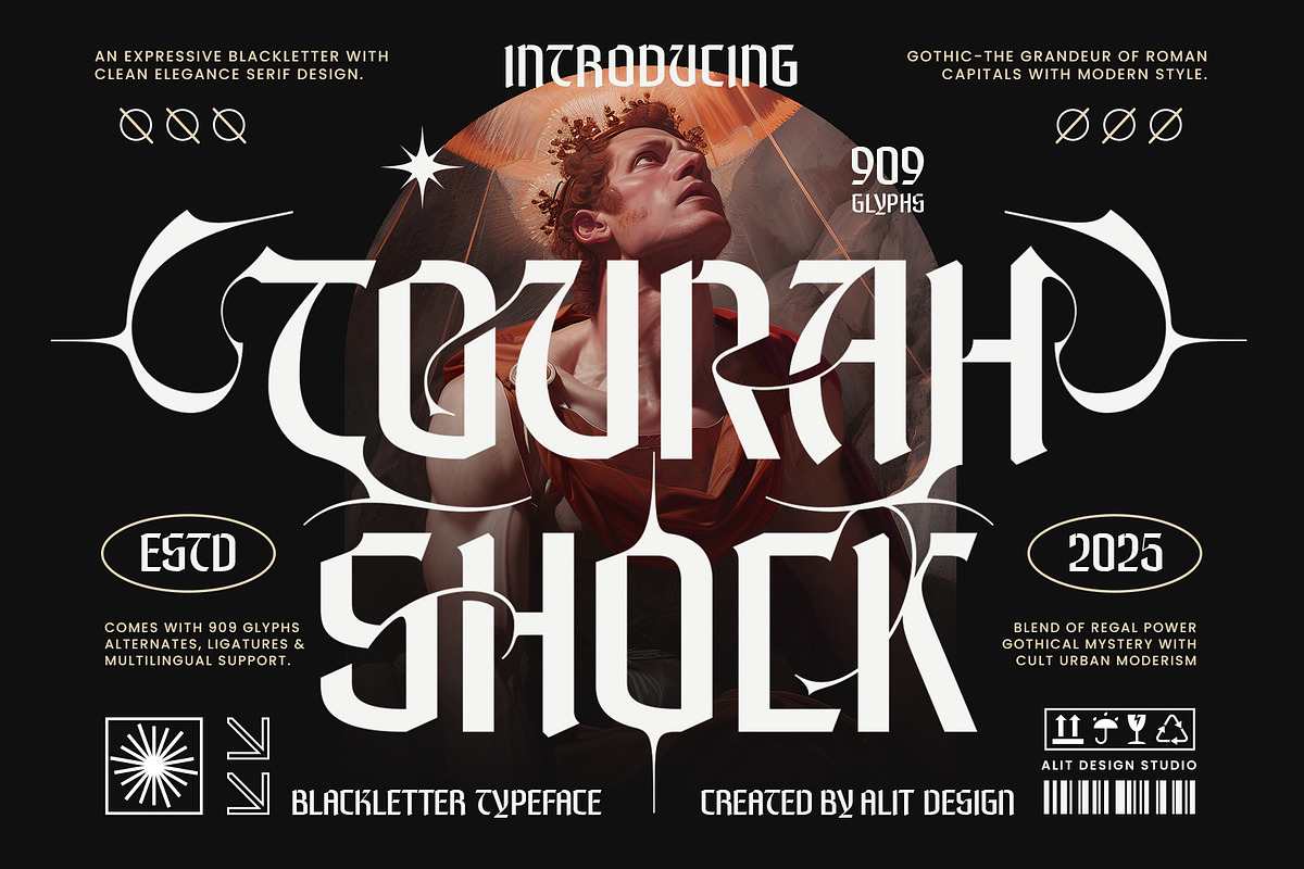 Tourah Shock Typeface, a Blackletter Font by alit design (Photo 1 of 17)