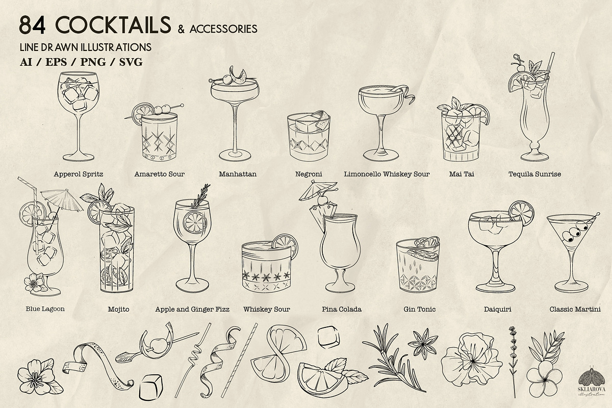 Cocktails Line Art + Procreate, a Food Illustration by Skliarova (Photo 5 of 8)