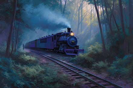 Beautiful and elegant vintage train traveling through a forest in purple and br, a Wallpaper Photo by José Manuel Gelpi