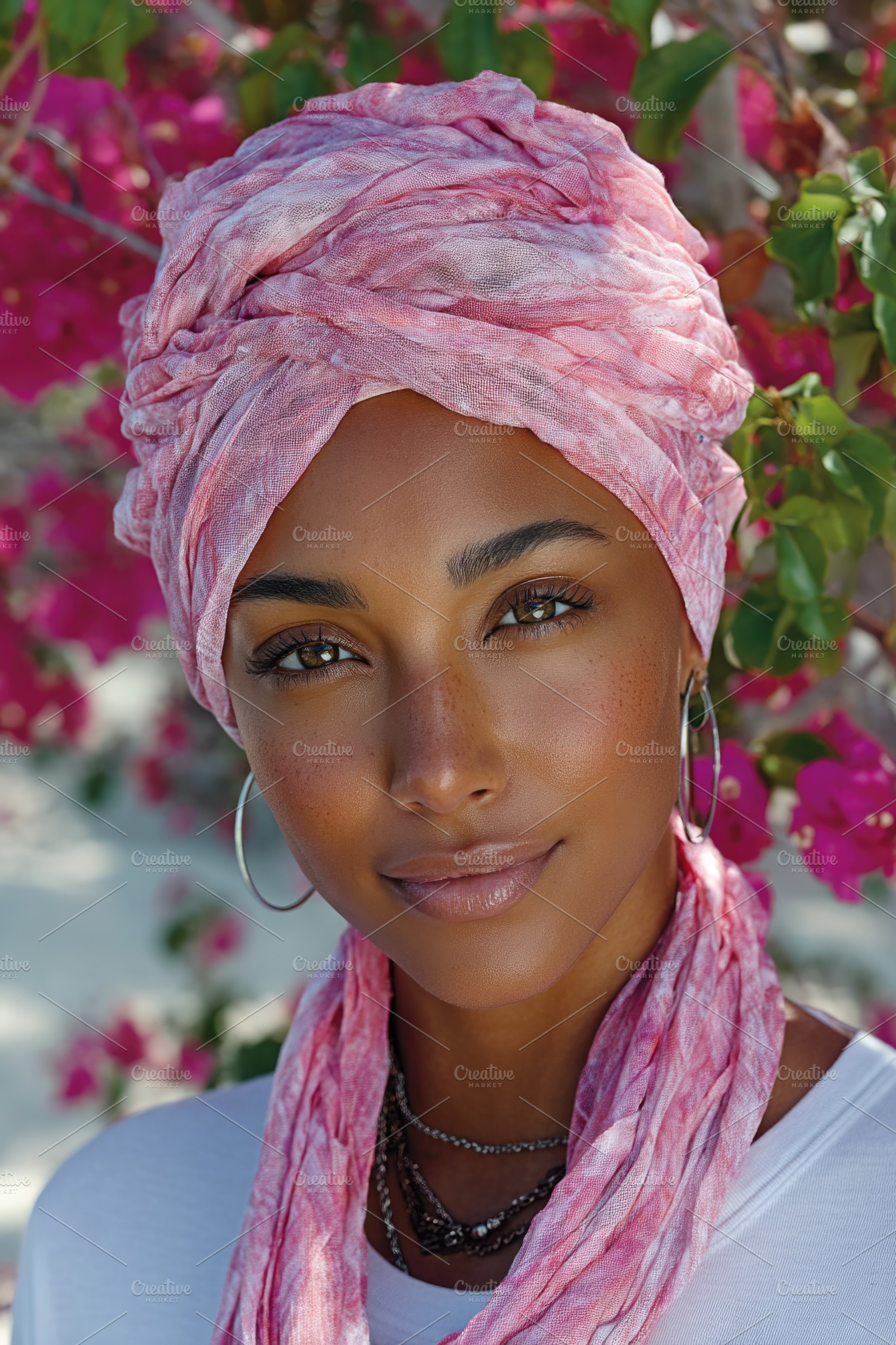Confident Black woman with pink headscarf in flower garden, a Person Photo by José Manuel Gelpi