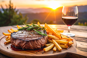 Juicy steak with golden fries on a rustic table, highlighted by the warm glow o, a Food & Drink Photo by DutchDigitalDesign
