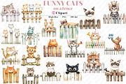 Watercolor Funny Cats on Fence PNG, an Illustration by Watercolor design (Thumbnail 1 of 12)