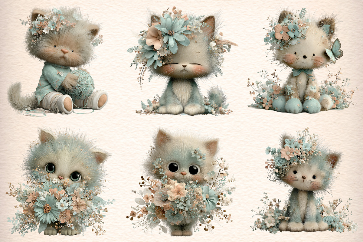 Whimsical Spring Cats Clipart, an Illustration by Digital Artistic99 (Photo 2 of 9)