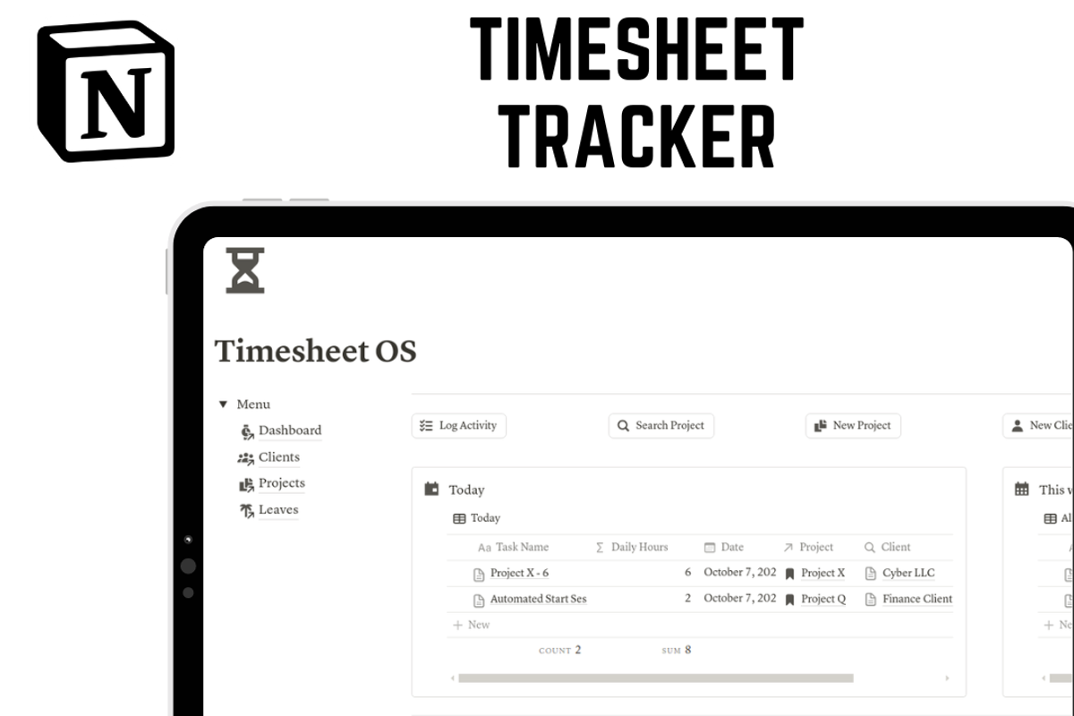 Timesheet Tracker - Notion Template, a Templates & Theme by 2 Nomazi (Photo 1 of 5)