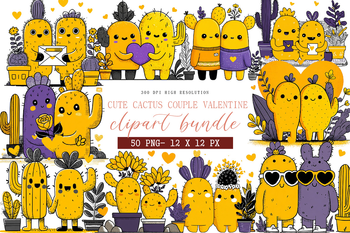 Cute Cactus Couple Valentine Clipart, an Illustration by DreamArtGraphic (Photo 1 of 4)
