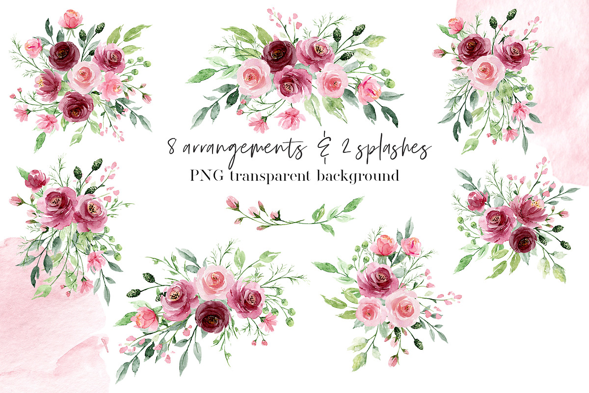 Watercolor flowers Pink & Marsala, an Illustration by Larisa Maslova (Photo 5 of 14)