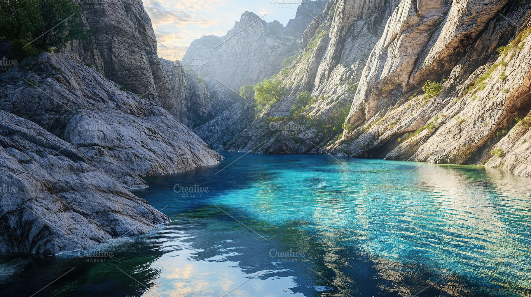 Deep canyon with water river in it, a Photo by AlyaAnd