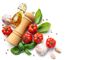 Fresh tomatoes basil olive oil garlic and pepper grinder, a Food & Drink Photo by Olena Rudo