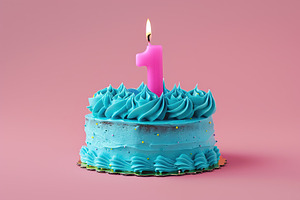 Birthday cake with one candle number 1 on pink background, a Food & Drink Photo by AlyaAnd