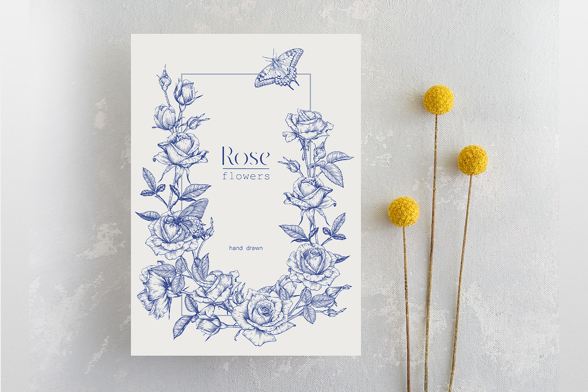 Roses Vintage set Blue Toile Vector, an Object Graphic by ON_lineart_store (Photo 4 of 10)