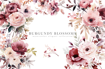 Watercolor Burgundy & Blush Flowers, a Decorative Illustration by Patishop Art