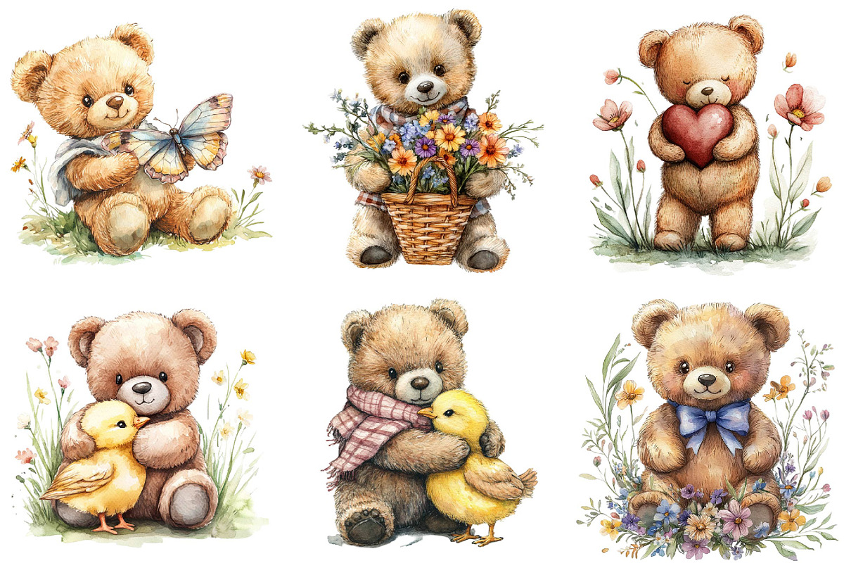 Watercolor Spring Teddy Bear Clipart, an Illustration by DreamPrint404 (Photo 7 of 7)