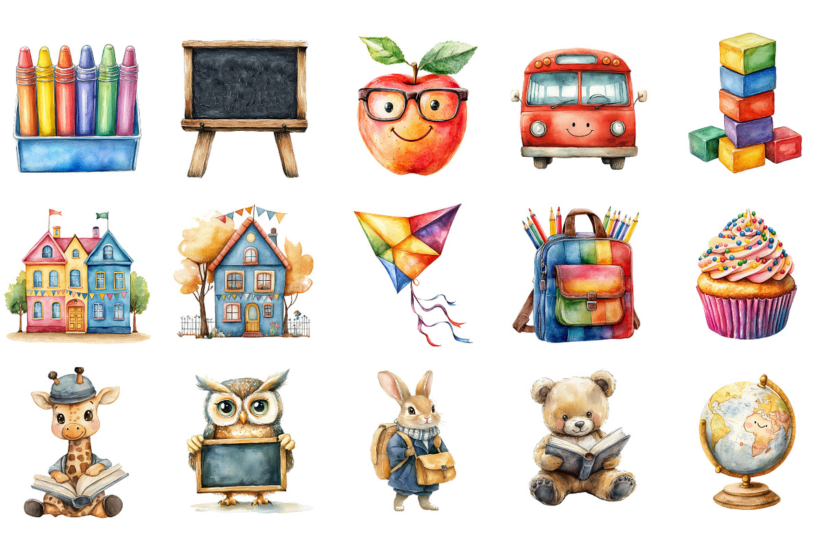 Cute Kindergarten Watercolor Clipart, an Illustration by Designking (Photo 2 of 5)