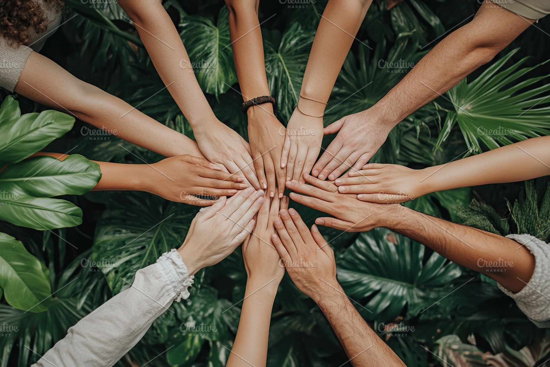 Diverse human hands in a circle on green leaves background, a Person Photo by AlyaAnd