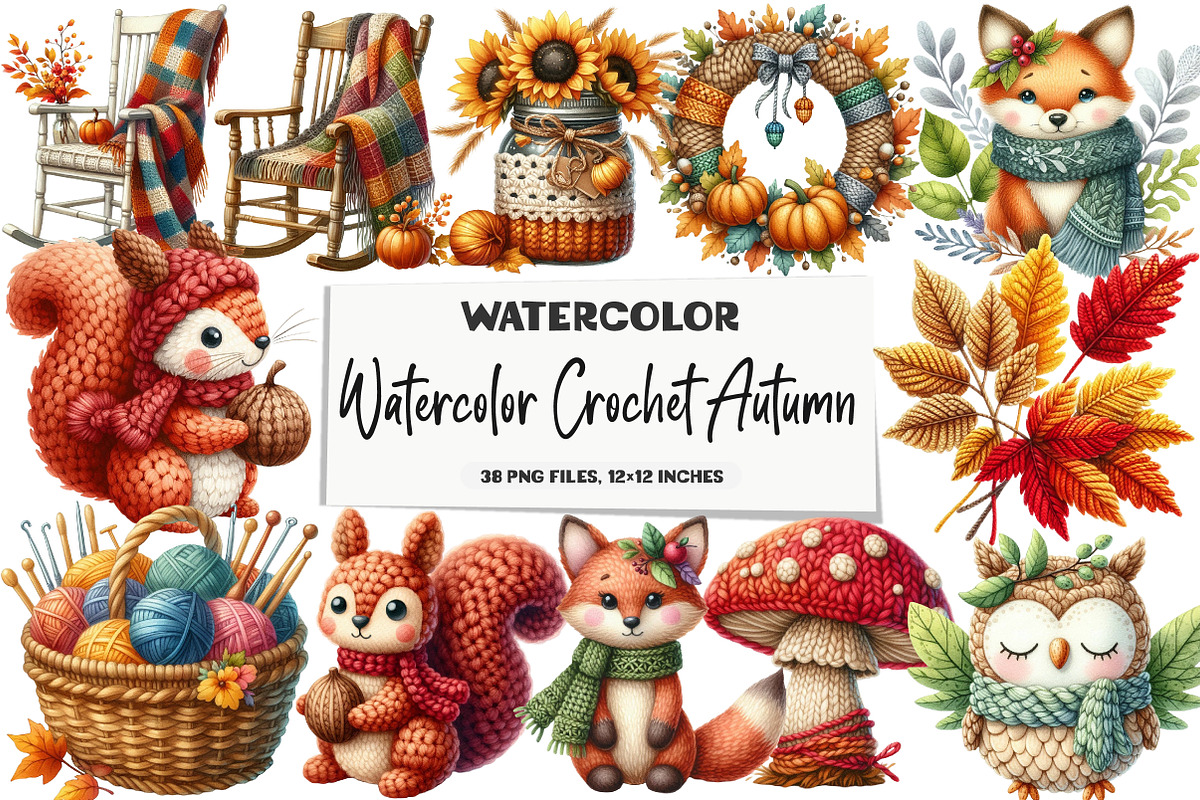 Watercolor Crochet Autumn Clipart, an Illustration by DreamArtGraphic (Photo 1 of 5)