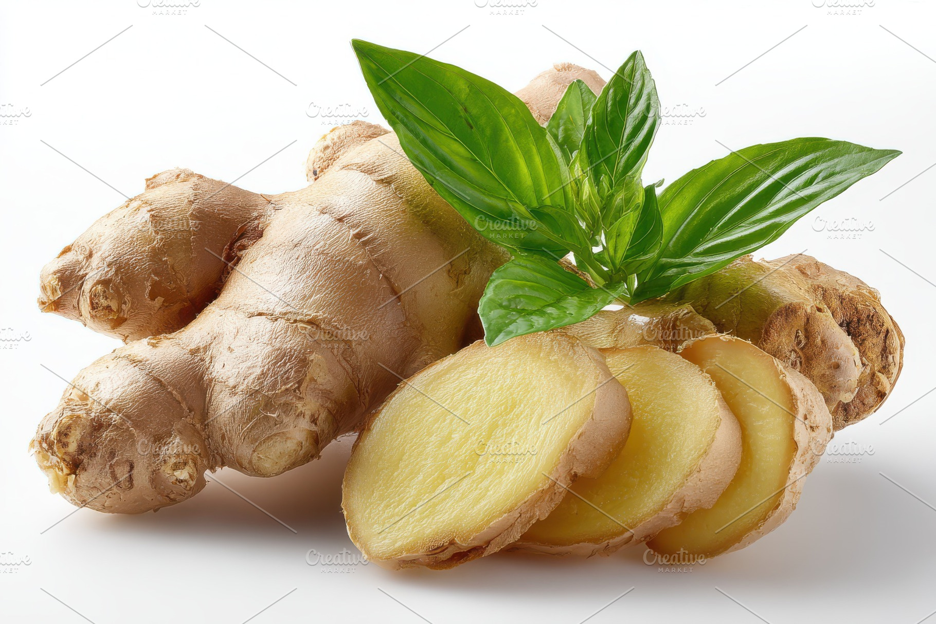Fresh Ginger Root Slices and Green L, a Photo by Pixeness Studio