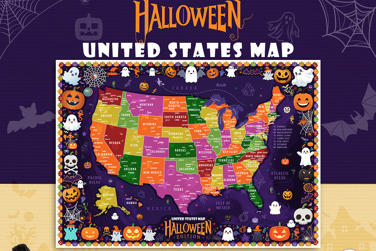 Halloween USA Map Printable Bundle, an Education Illustration by AdrianDragne (Photo 1 of 11)
