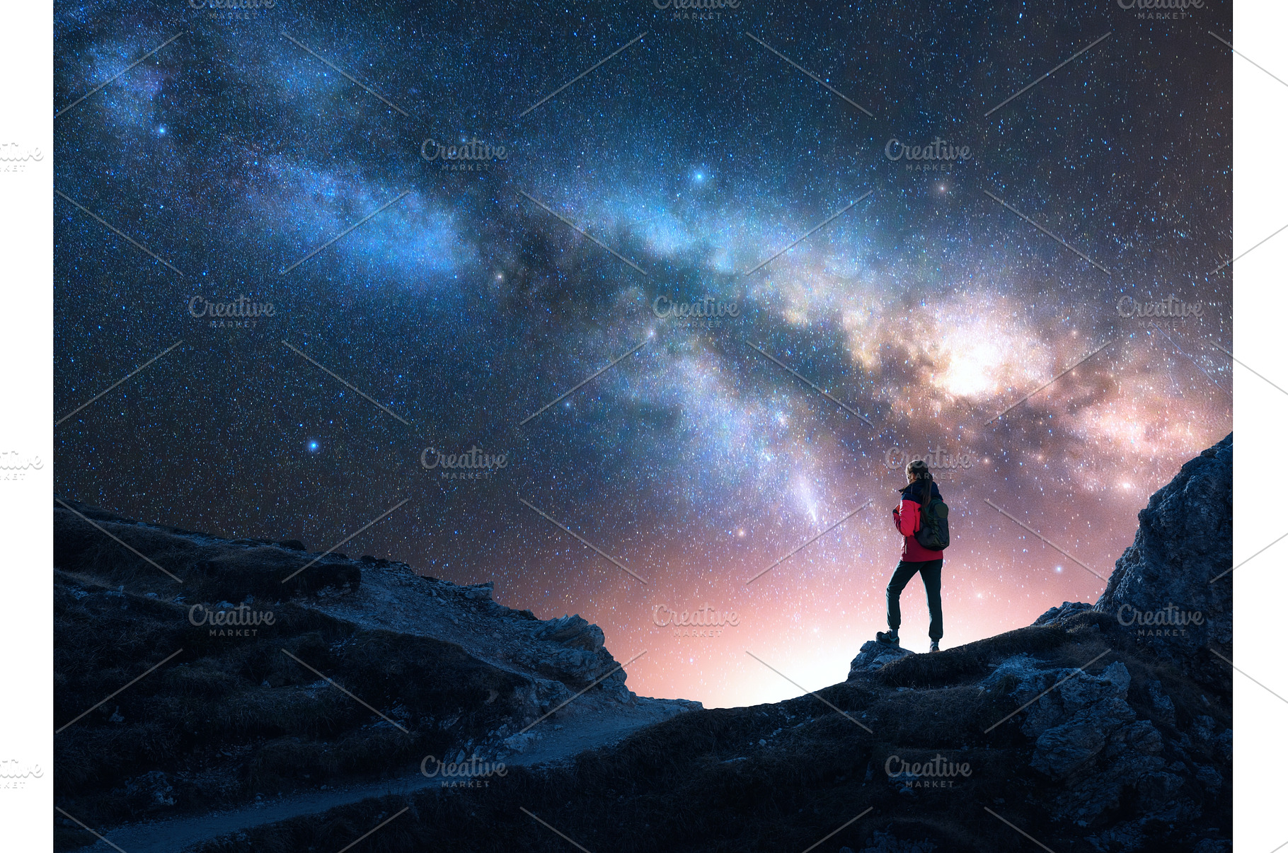 Glowing Milky Way and woman on, a Person Photo by den-belitsky