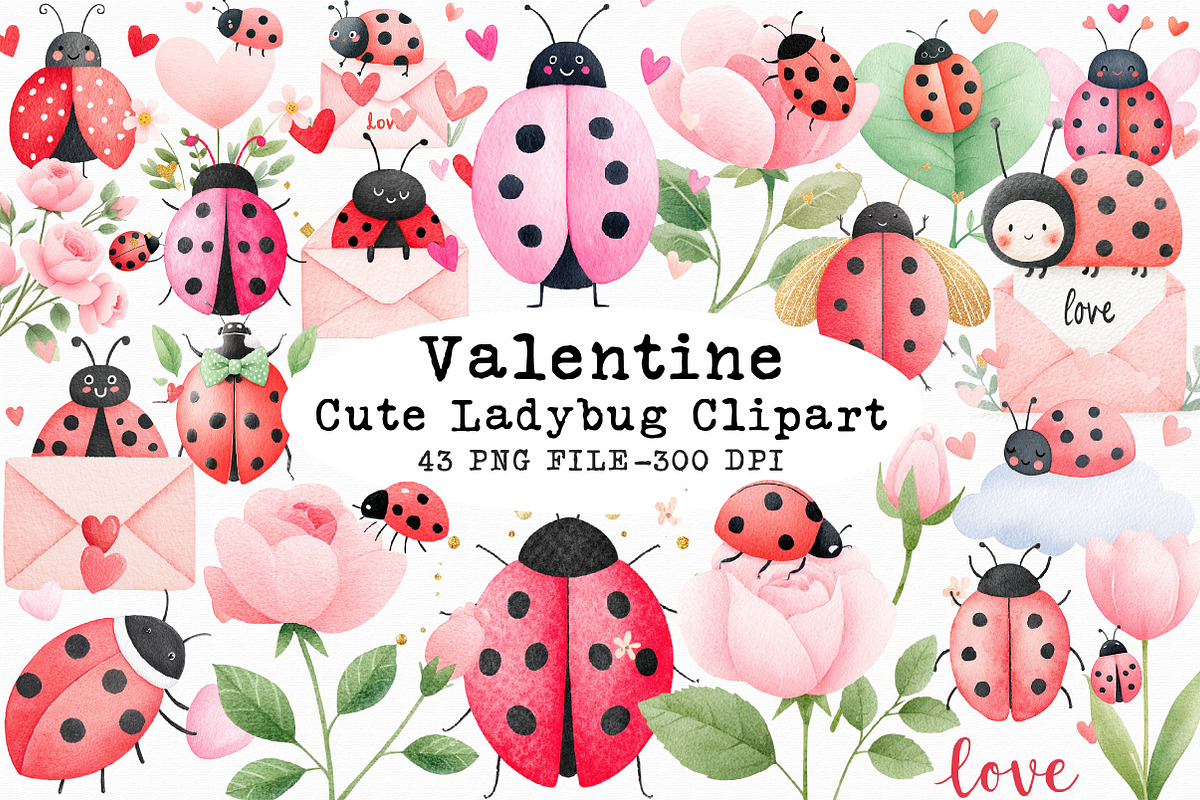 Cute Ladybug Valentine Clipart, an Illustration by Libby Wishes (Photo 1 of 6)