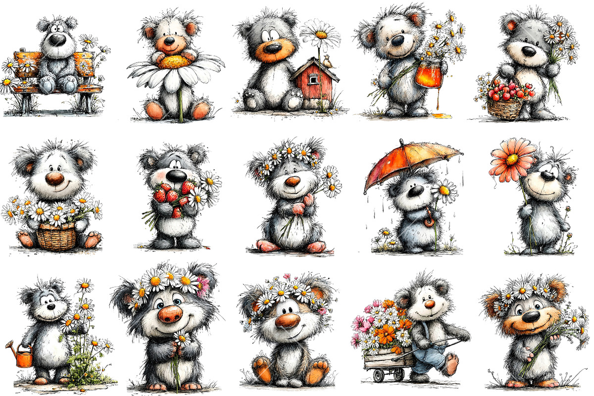 Whimsical Daisy Teddy Bear Clipart, a Seasonal Illustration by OK Design (Photo 3 of 6)