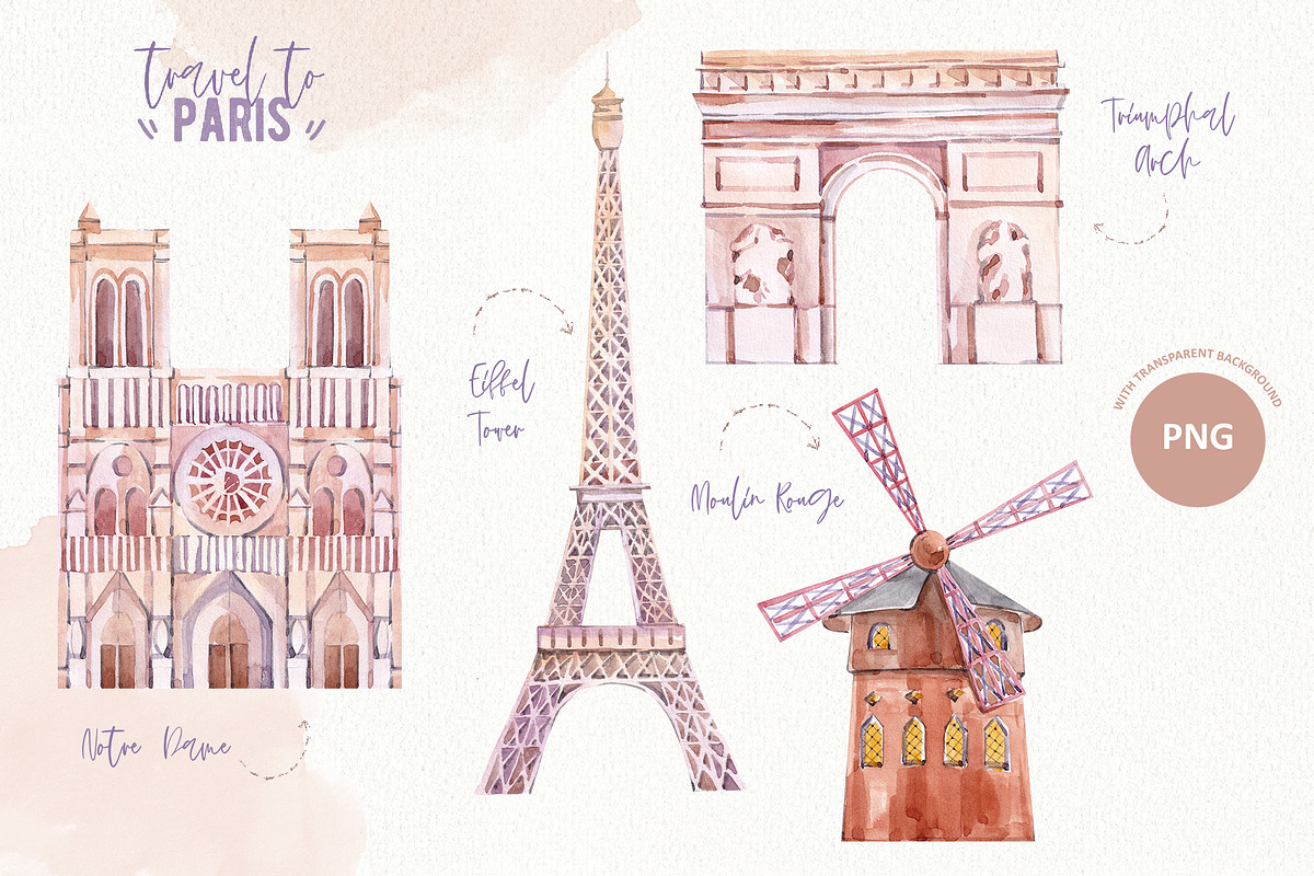 Travel to Paris. Watercolor Clipart, a Decorative Illustration by VerAna (Photo 2 of 11)