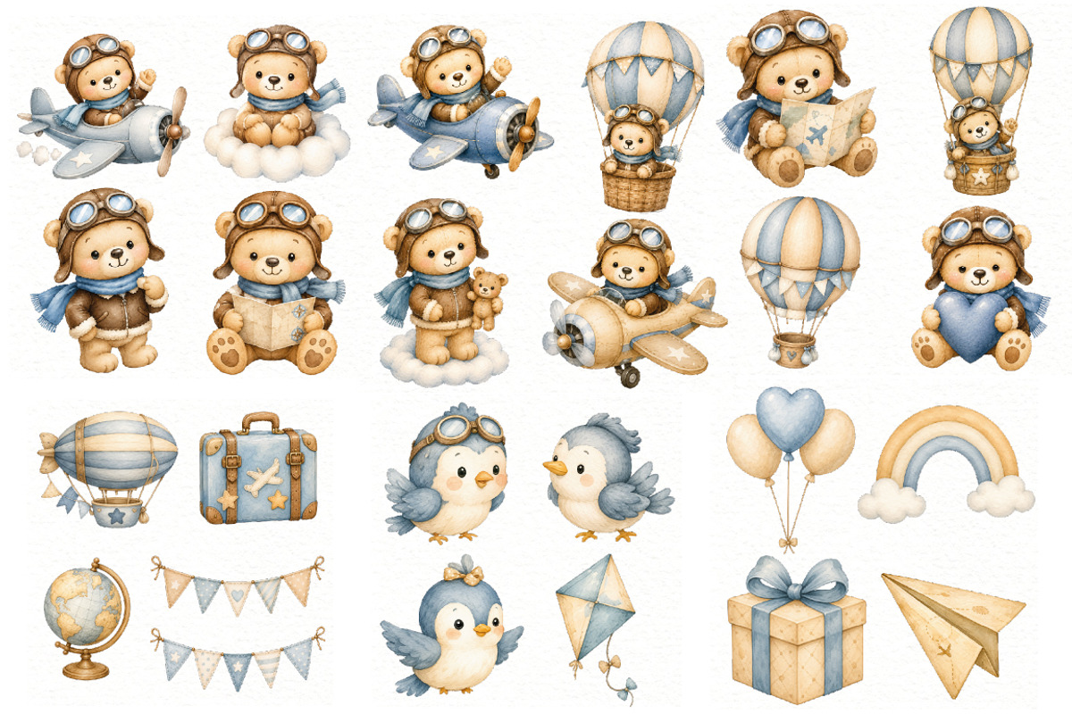 Aviator Bear Clipart Bundle PNG, an Animal Illustration by Villa 11 Estudio (Photo 2 of 4)