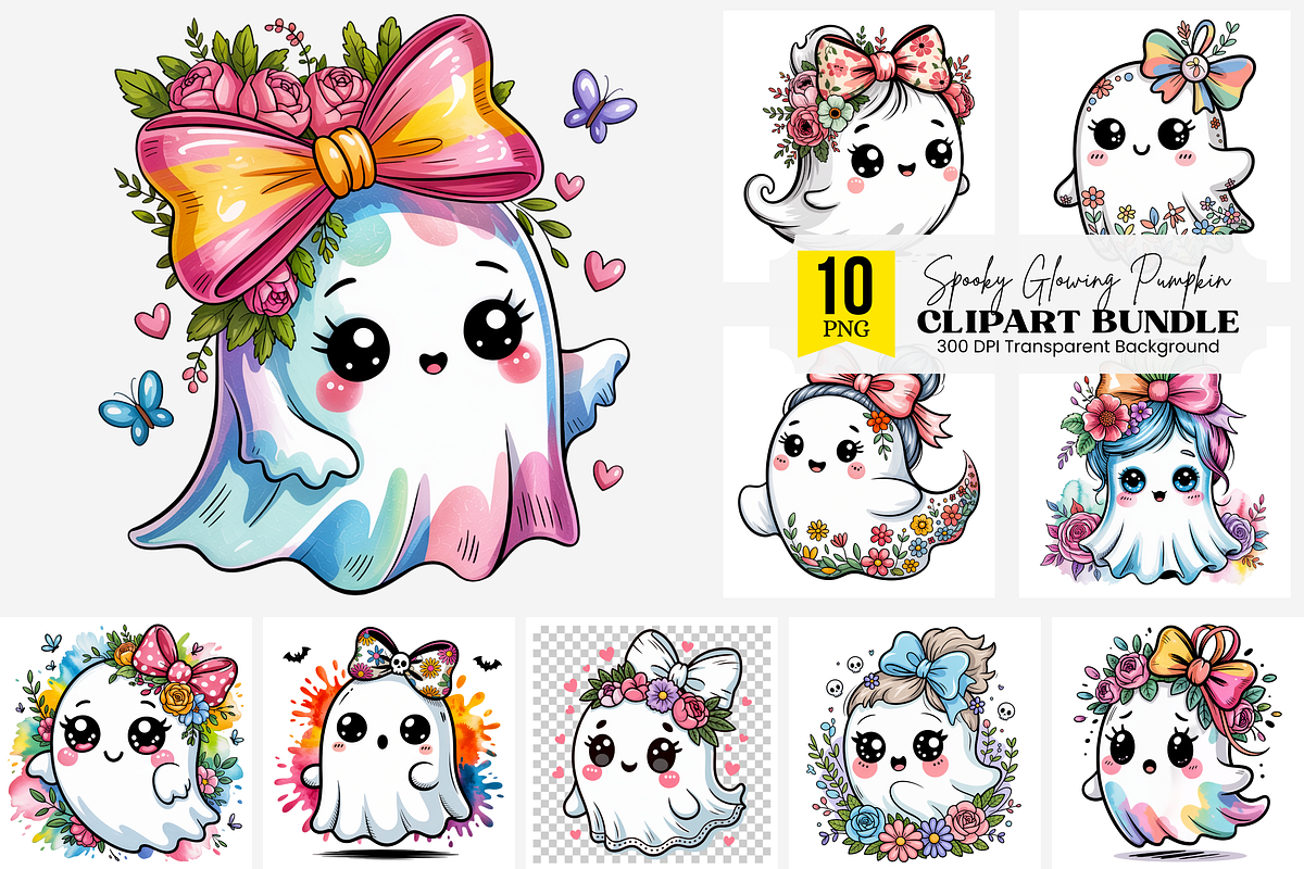 Ghost with Floral Bow PNG Bundle, an Illustration by Clipart Bloom (Photo 1 of 11)